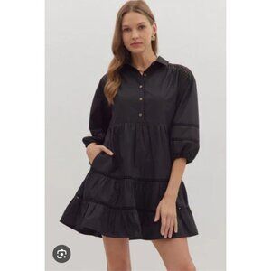 Maeve Anthropologie Navy Linen Blend Tiered Babydoll Tunic Top Dress Size SP